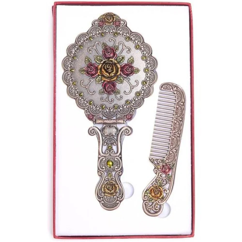 Vintage Metal Antique Rose Style Handheld Makeup Mirror Set - Folding Round